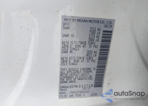 2024 Nissan Titan Pro-4X 4X4 из США, поврежденный, VIN 1N6AA1ED7RN113718